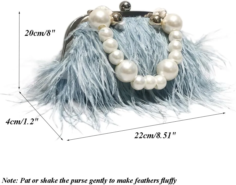 Ostrich Feather Evening Bags Fluffy Clutches for Women, Vintage Pearl Purse Tote Bag for Bridal, Banquet, Party Blue