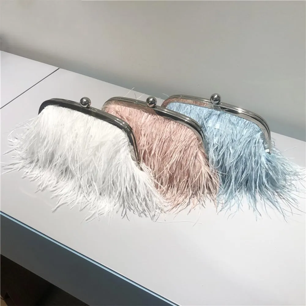 Ostrich Feather Evening Bags Fluffy Clutches for Women, Vintage Pearl Purse Tote Bag for Bridal, Banquet, Party Blue