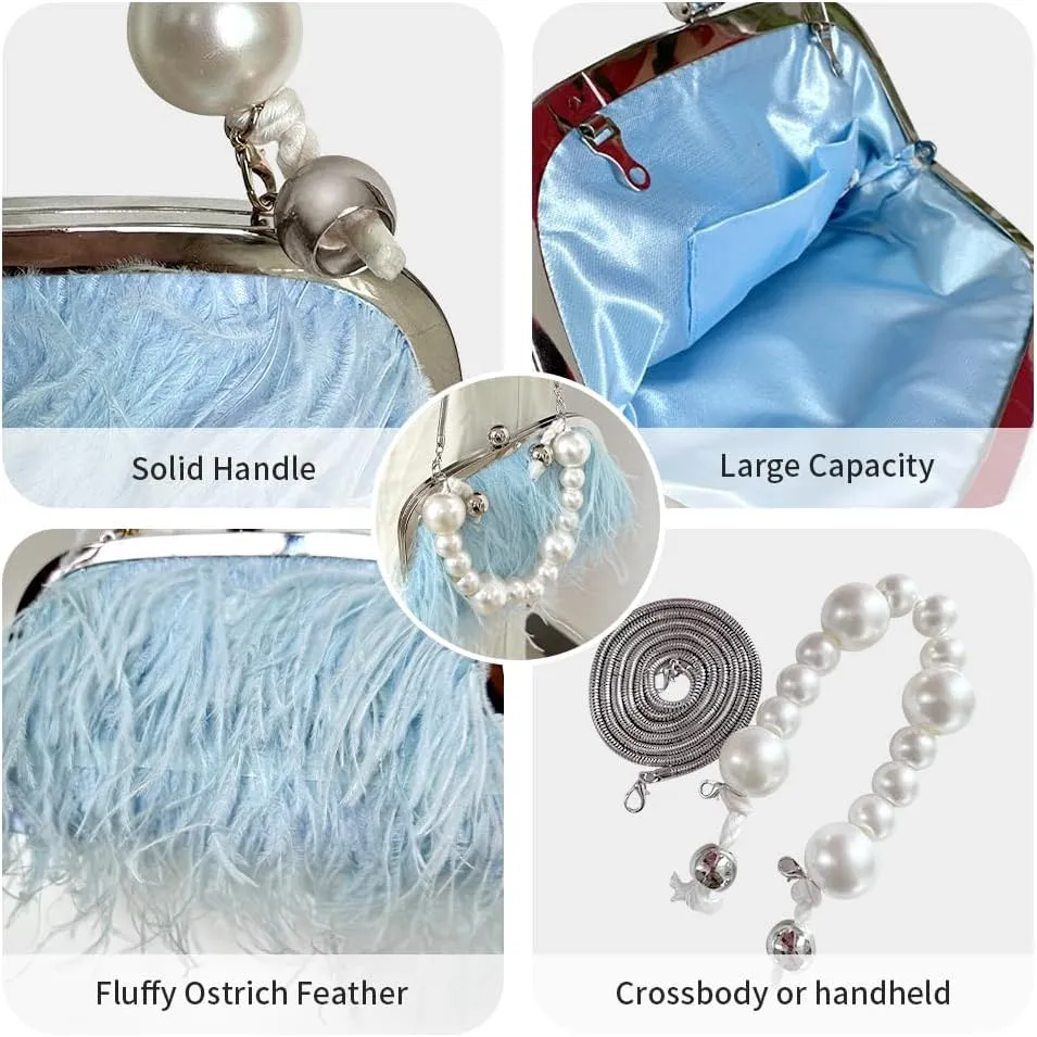 Ostrich Feather Evening Bags Fluffy Clutches for Women, Vintage Pearl Purse Tote Bag for Bridal, Banquet, Party Blue