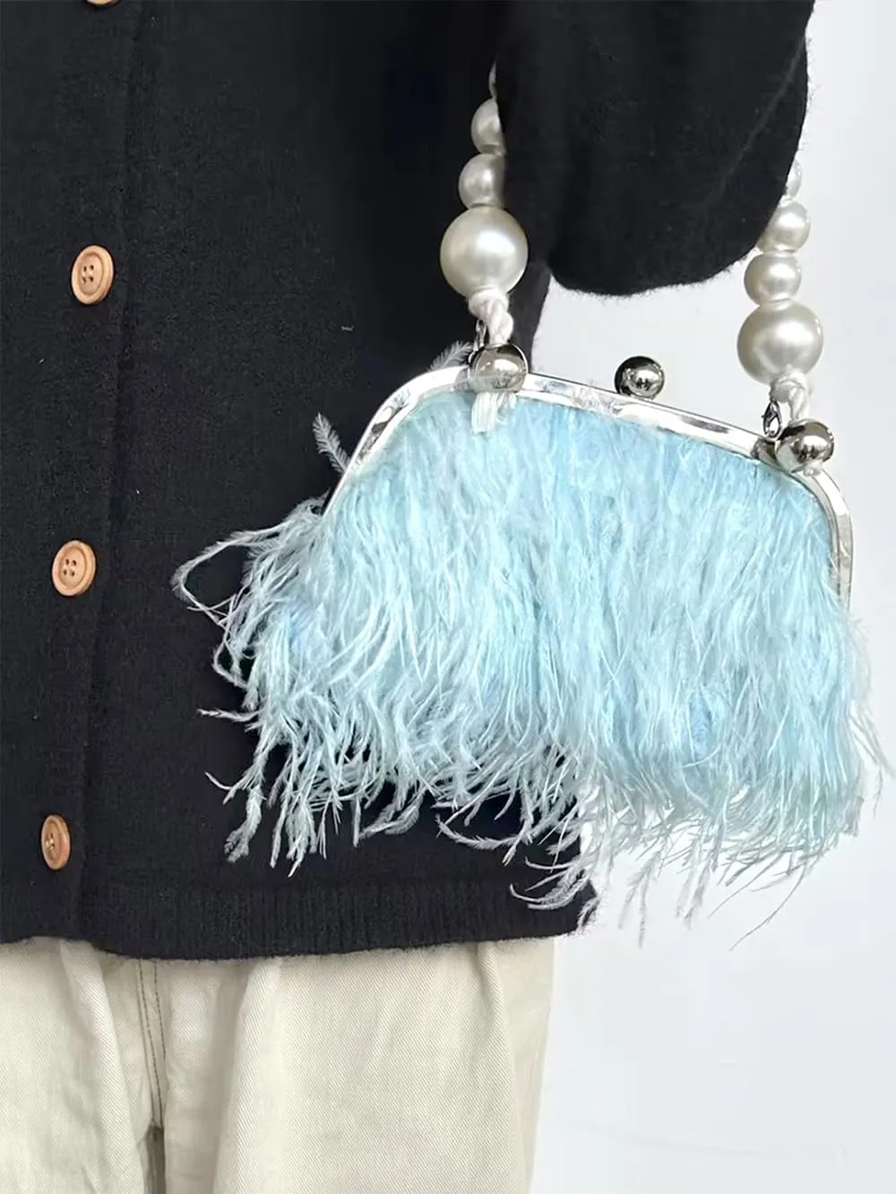 Ostrich Feather Evening Bags Fluffy Clutches for Women, Vintage Pearl Purse Tote Bag for Bridal, Banquet, Party Blue