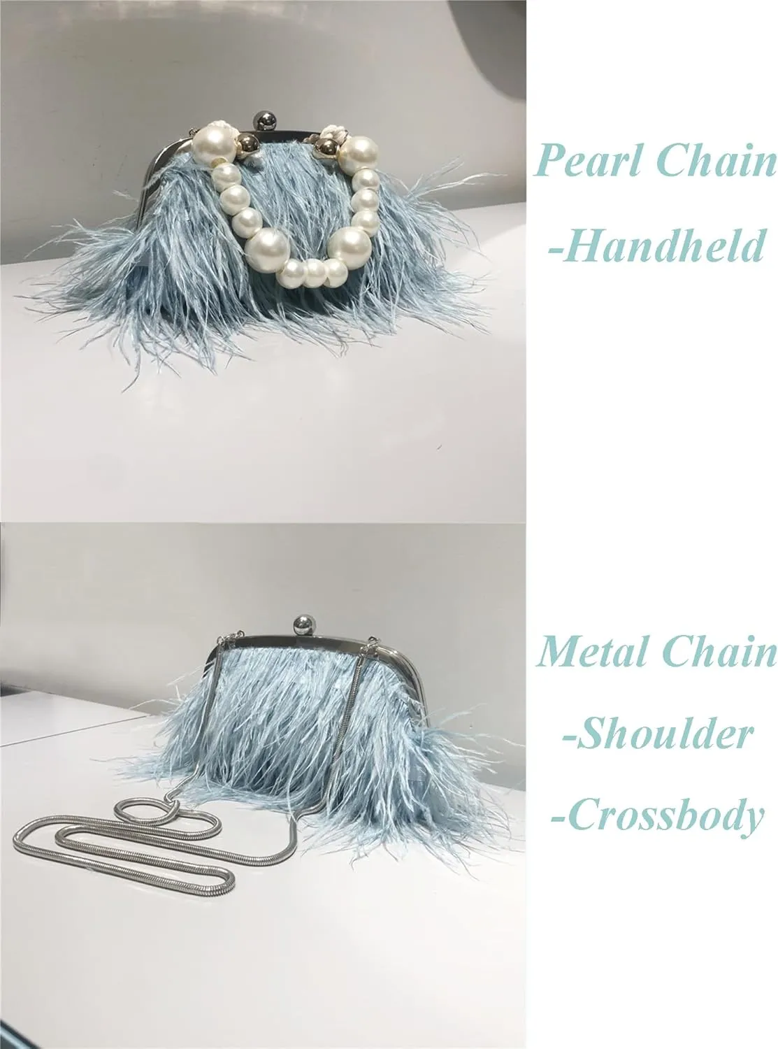 Ostrich Feather Evening Bags Fluffy Clutches for Women, Vintage Pearl Purse Tote Bag for Bridal, Banquet, Party Blue