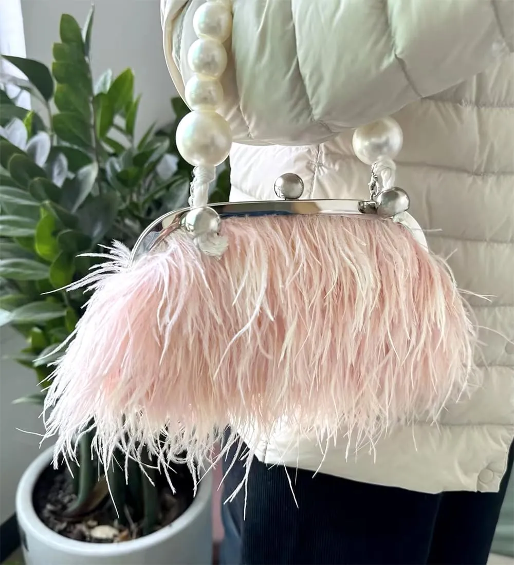 Ostrich Feather Evening Bags Fluffy Clutches for Women, Vintage Pearl Purse Tote Bag for Bridal, Banquet, Party Pink