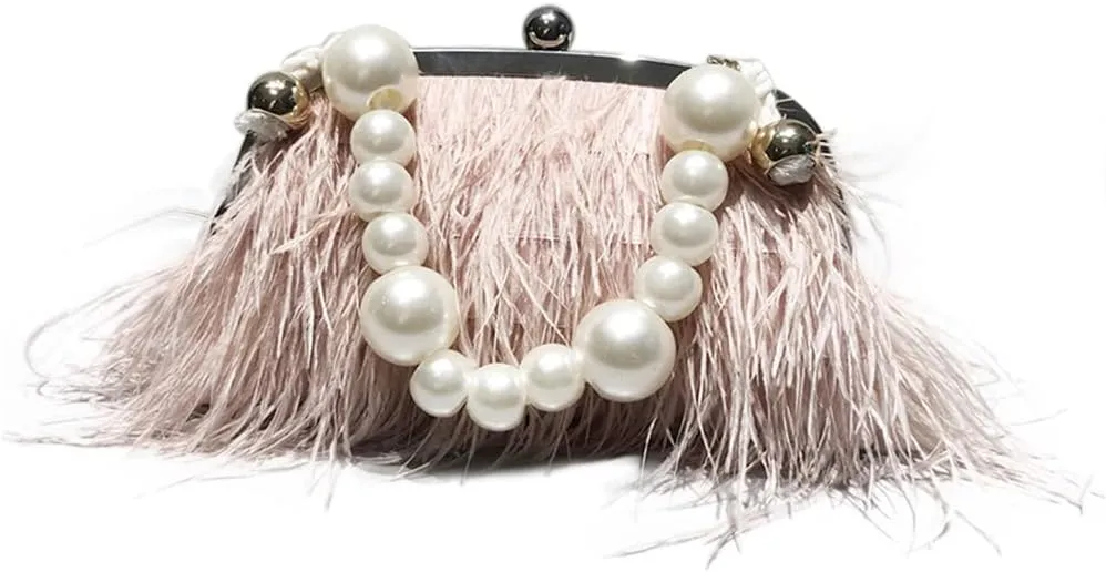 Ostrich Feather Evening Bags Fluffy Clutches for Women, Vintage Pearl Purse Tote Bag for Bridal, Banquet, Party Pink