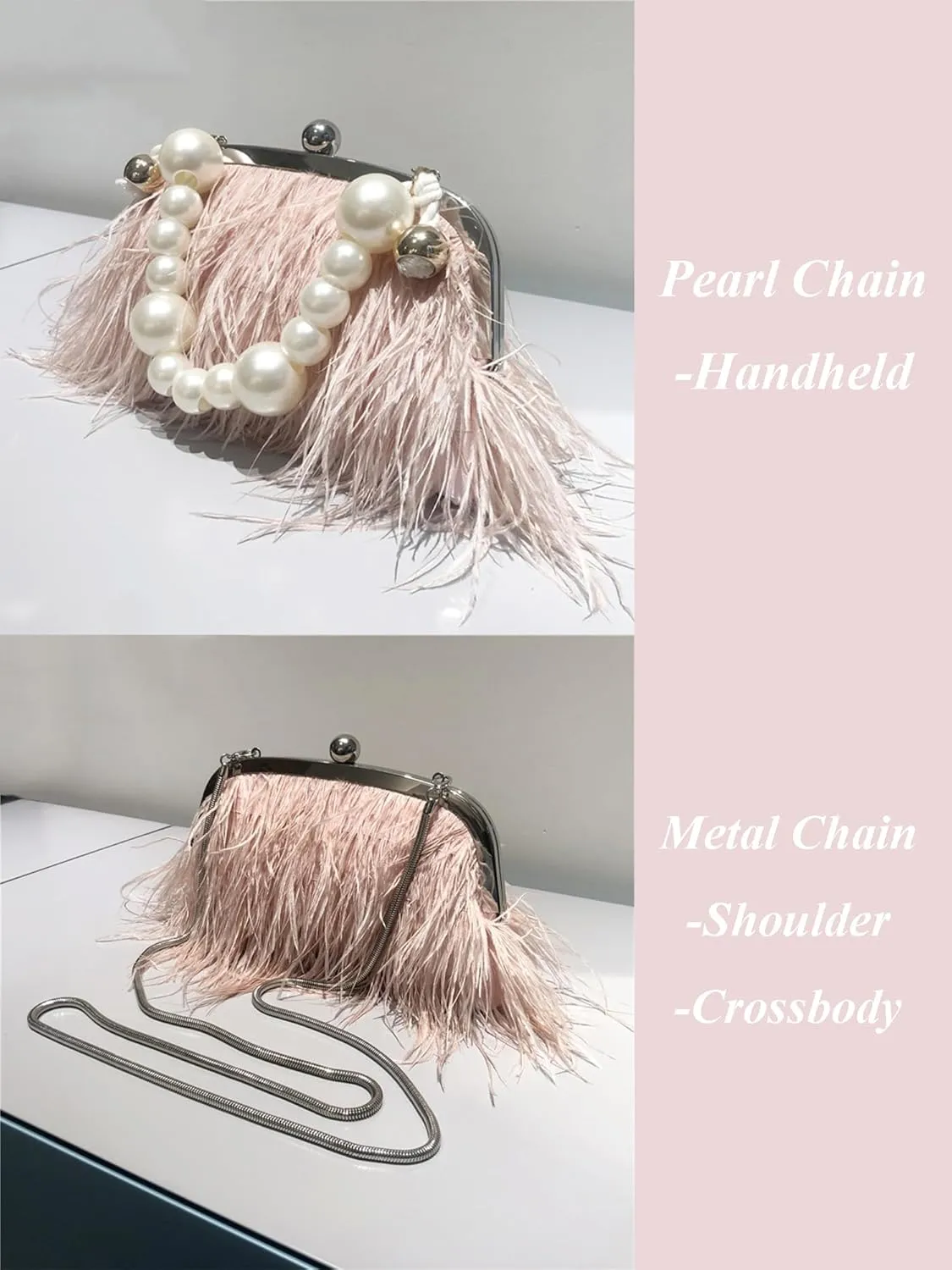 Ostrich Feather Evening Bags Fluffy Clutches for Women, Vintage Pearl Purse Tote Bag for Bridal, Banquet, Party Pink