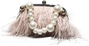 Ostrich Feather Evening Bags Fluffy Clutches for Women, Vintage Pearl Purse Tote Bag for Bridal, Banquet, Party Pink
