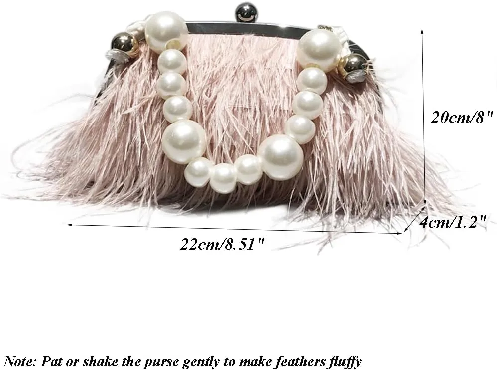 Ostrich Feather Evening Bags Fluffy Clutches for Women, Vintage Pearl Purse Tote Bag for Bridal, Banquet, Party Pink