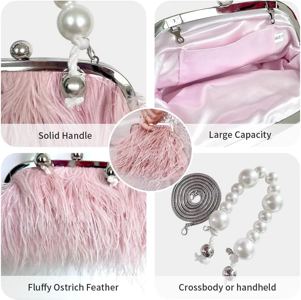 Ostrich Feather Evening Bags Fluffy Clutches for Women, Vintage Pearl Purse Tote Bag for Bridal, Banquet, Party Pink