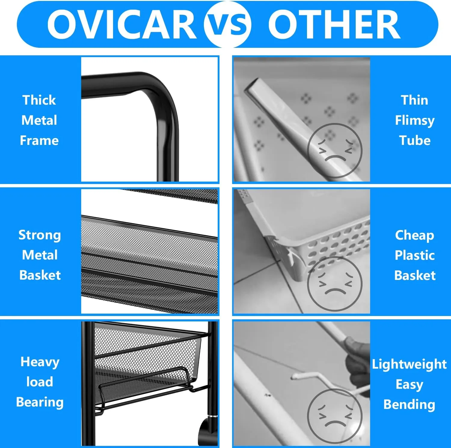 OVICAR 4 Tier Mesh Wire Rolling Cart, Kitchen Storage Organizer Utility Cart, Full Metal Basket Storage Art Trolley Carts with Wheels & 4 Side Hooks