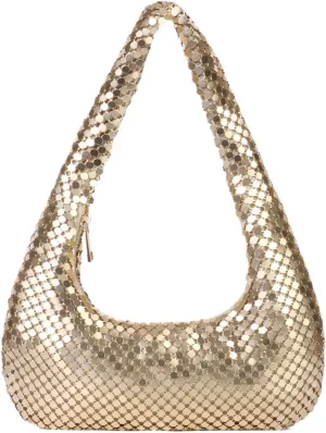 Oweisong Gold Purse for Women Beaded Shoulder Handbag Moon Hobo Top Handle Satchel Evening Bag for Wedding Cocktail