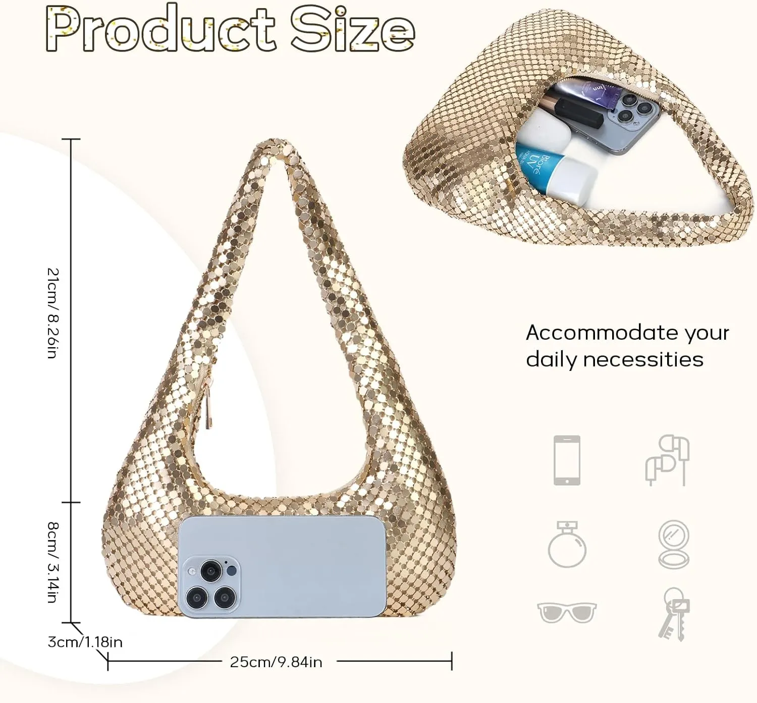 Oweisong Gold Purse for Women Beaded Shoulder Handbag Moon Hobo Top Handle Satchel Evening Bag for Wedding Cocktail