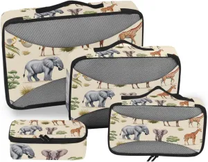 Packing Cubes for Travel 4 Set Lion Elephant Gazelle Animal Luggage Set Suitcase Organizer Bags Mesh Accessories Storage Pouch Toiletry Packing Cubes