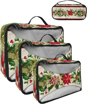 Packing Cubes for Travel, 4 Set Travel Packing Organized Cubes Christmas Red and White Poinsettia Watercolor Black Plaid Waterproof Luggage Organizer Travel Accessories for Carry On Suitcases