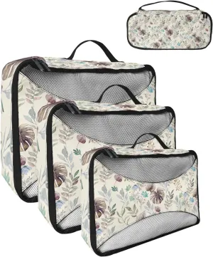 Packing Cubes for Travel, 4 Set Travel Packing Organized Cubes Flower Leaves Retro Watercolor Floral Waterproof Luggage Organizer with Laundry Bag Shoe Bag Travel Accessories for Carry On Suitcases