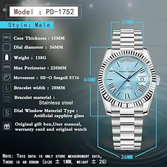 Pagani Design 1752 DD36 Luxury Men's Automatic Mechanical Watch, Sapphire Glass, Day Date Watch, Seagull Caliber ST16, 100m Water Resistant
