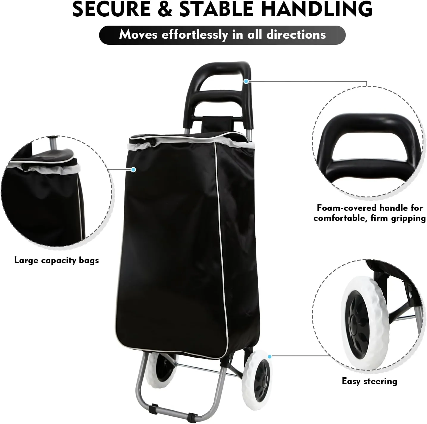 Panana Shopping Truck Folding Grocery Bag 2 Wheels Foldable Cart Hand Truck Storage Carts (Black)