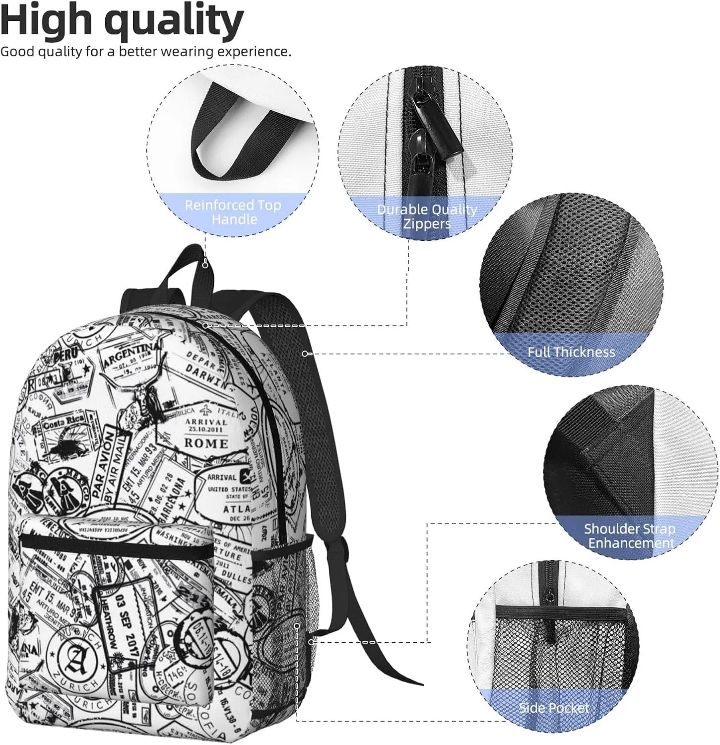 Passport Travel Stamp 17 Inch Backpacks Multipurpose Laptop Backpack Double Shoulder Bag for Men Women Gifts