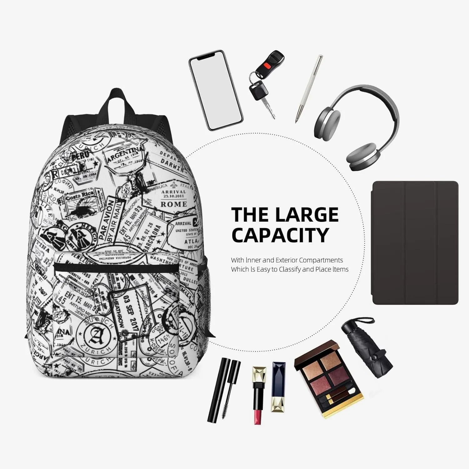 Passport Travel Stamp 17 Inch Backpacks Multipurpose Laptop Backpack Double Shoulder Bag for Men Women Gifts