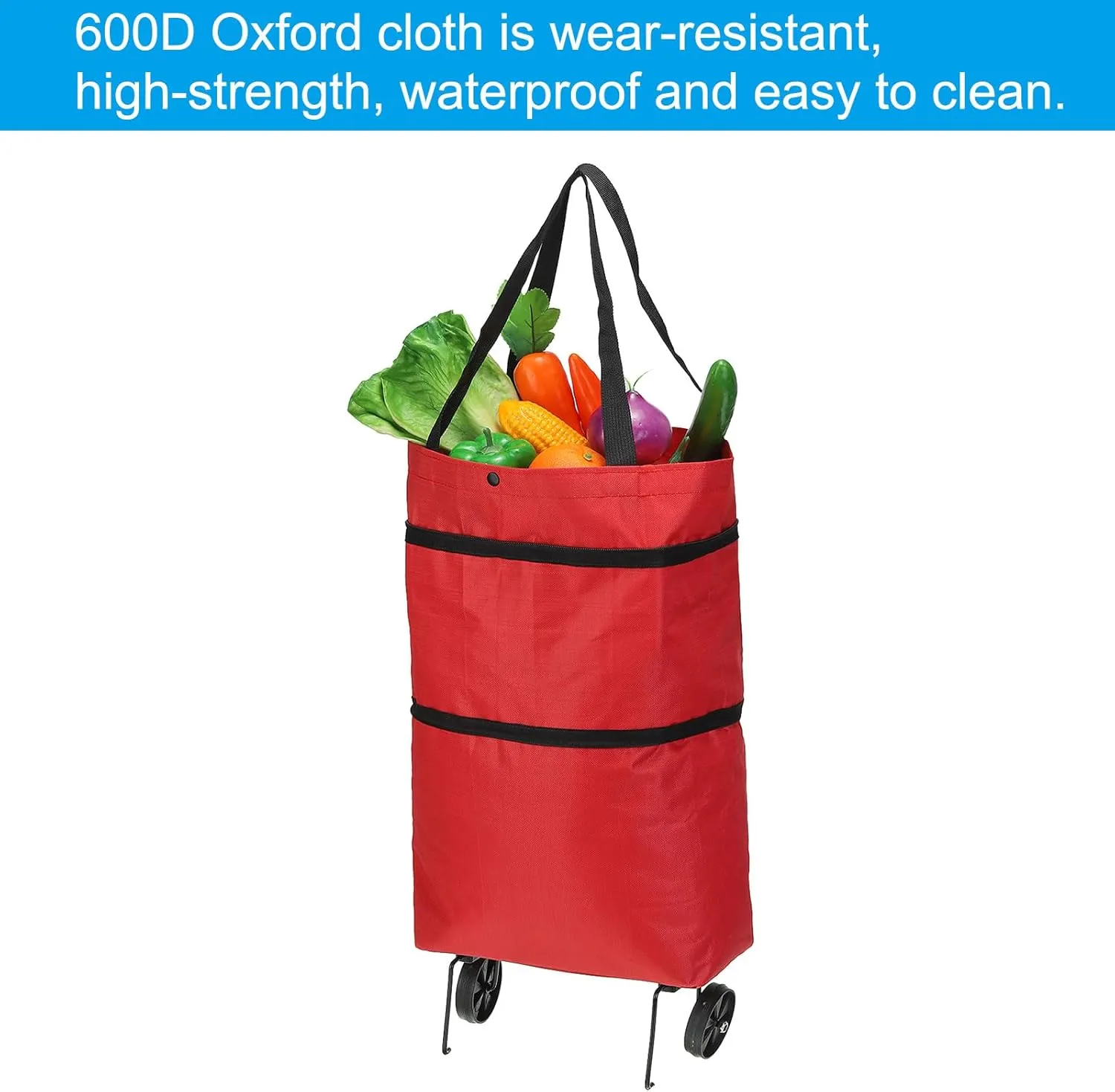 PATIKIL 20 Inch Foldable Shopping Cart, Collapsible Trolley Bags Reusable Shopping Bags Grocery Bags with Wheels for Vegetable Fruit Clothing Storage, Red