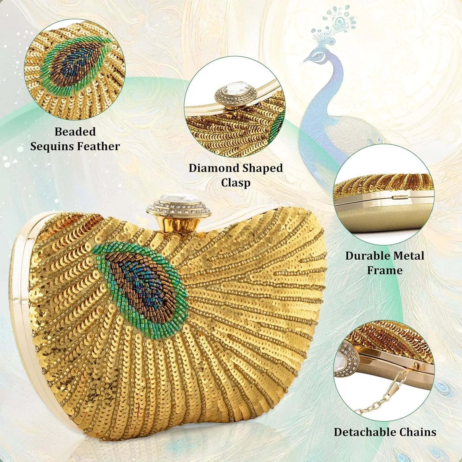 Peacock Clutch Purse Evening Handbags for Womens Vintage Crossbody Shoulder Bags Sequin Feather and Detachable Chains