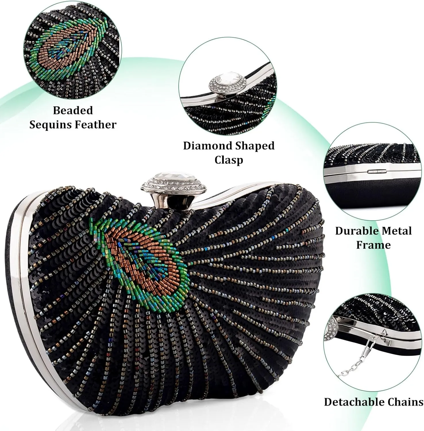 Peacock Clutch Purse Evening Handbags for Womens Vintage Crossbody Shoulder Bags Sequin Feather and Detachable Chains