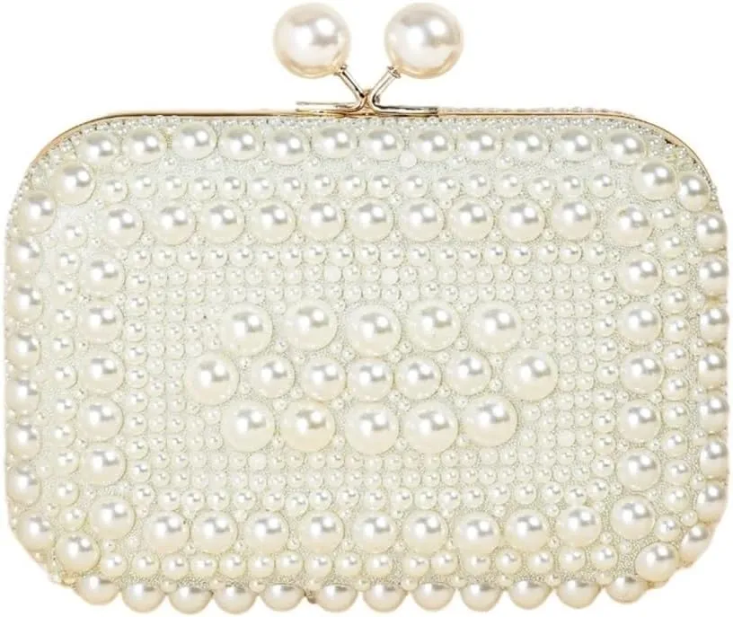Pearl Clutch Pearl Beads Lock Metal Chain Clutch Box, Elegant Textured Frame Wedding Purse, Party Prom Dinner