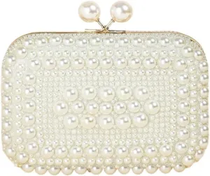 Pearl Clutch Pearl Beads Lock Metal Chain Clutch Box, Elegant Textured Frame Wedding Purse, Party Prom Dinner