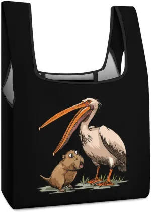 Pelican Tries to Eat Capybara Shopping Bag Reusable Grocery Tote Bag Foldable Handbag with Handle for Travel Picnic