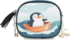 Penguin Sailing Boat Crossbody Bags for Women Small Purses Leather Purse Handbags Crossbody Bag with Detachable Chain Cell Phone Purse Evening Bag Clutch Purses