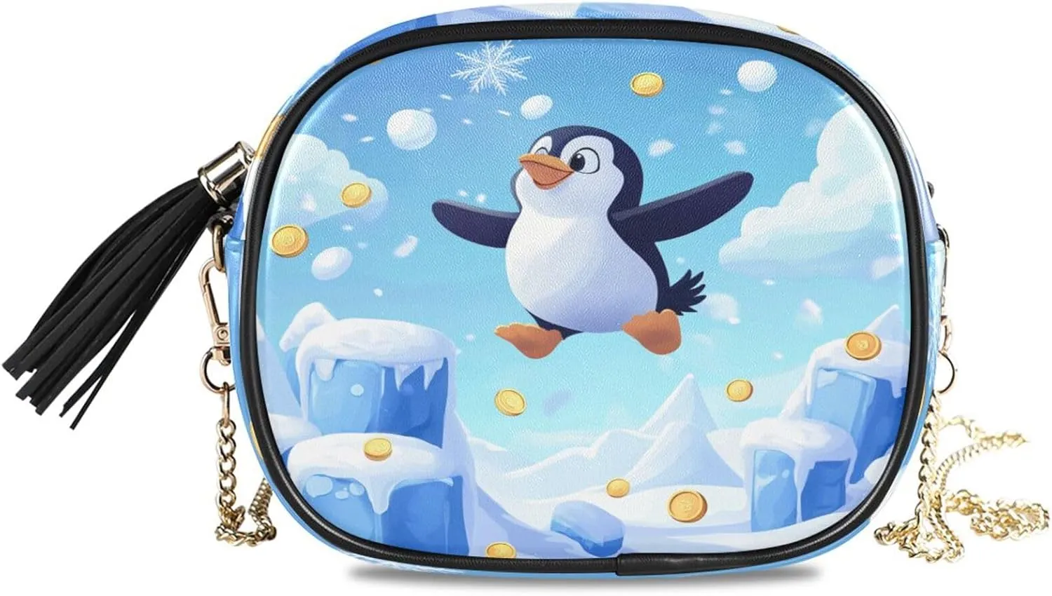 Penguin Snowflake Blue Crossbody Bags for Women Small Purses Leather Crossbody Bag Handbags Purse with Detachable Chain Clutch Purses Evening Bag Cell Phone Purse
