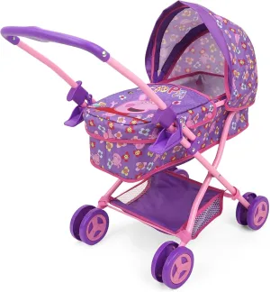 Peppa Pig: Doll Pram - Purple, Pink, Flowers - Accessory for Dolls Up to 18", Foldable, Removable Bassinet, Retractable Canopy, Kids Toy Ages 3 