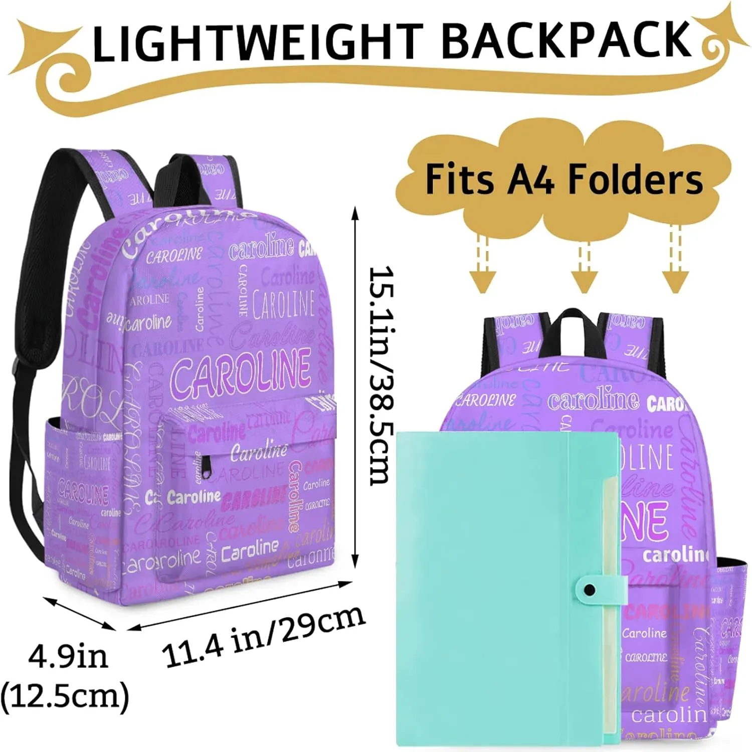 Personalized Backpack Bag with Name Lightweight Custom Shoulder Bags Waterproof Casual Backpacks Travel Laptop Bag 15.1in, Light Purple