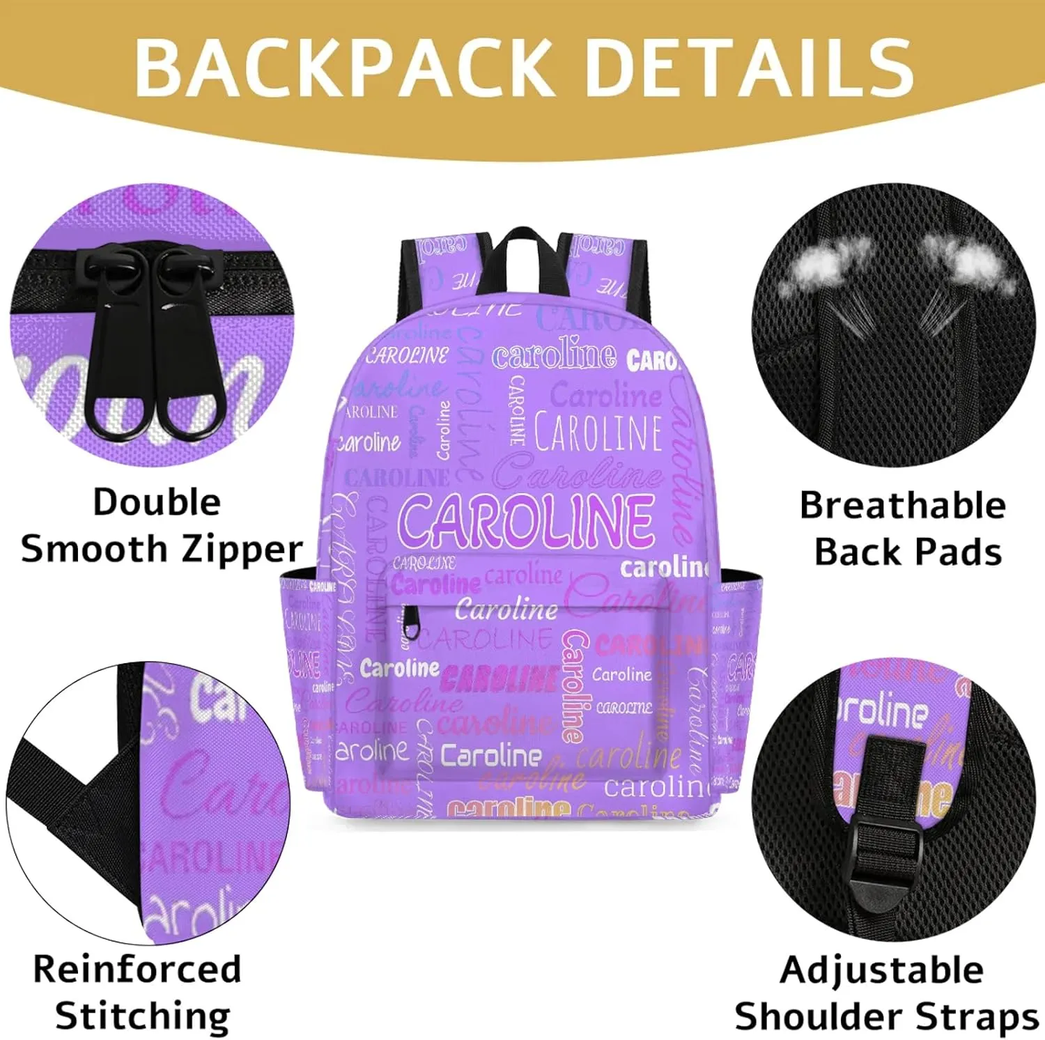Personalized Backpack Bag with Name Lightweight Custom Shoulder Bags Waterproof Casual Backpacks Travel Laptop Bag 15.1in, Light Purple