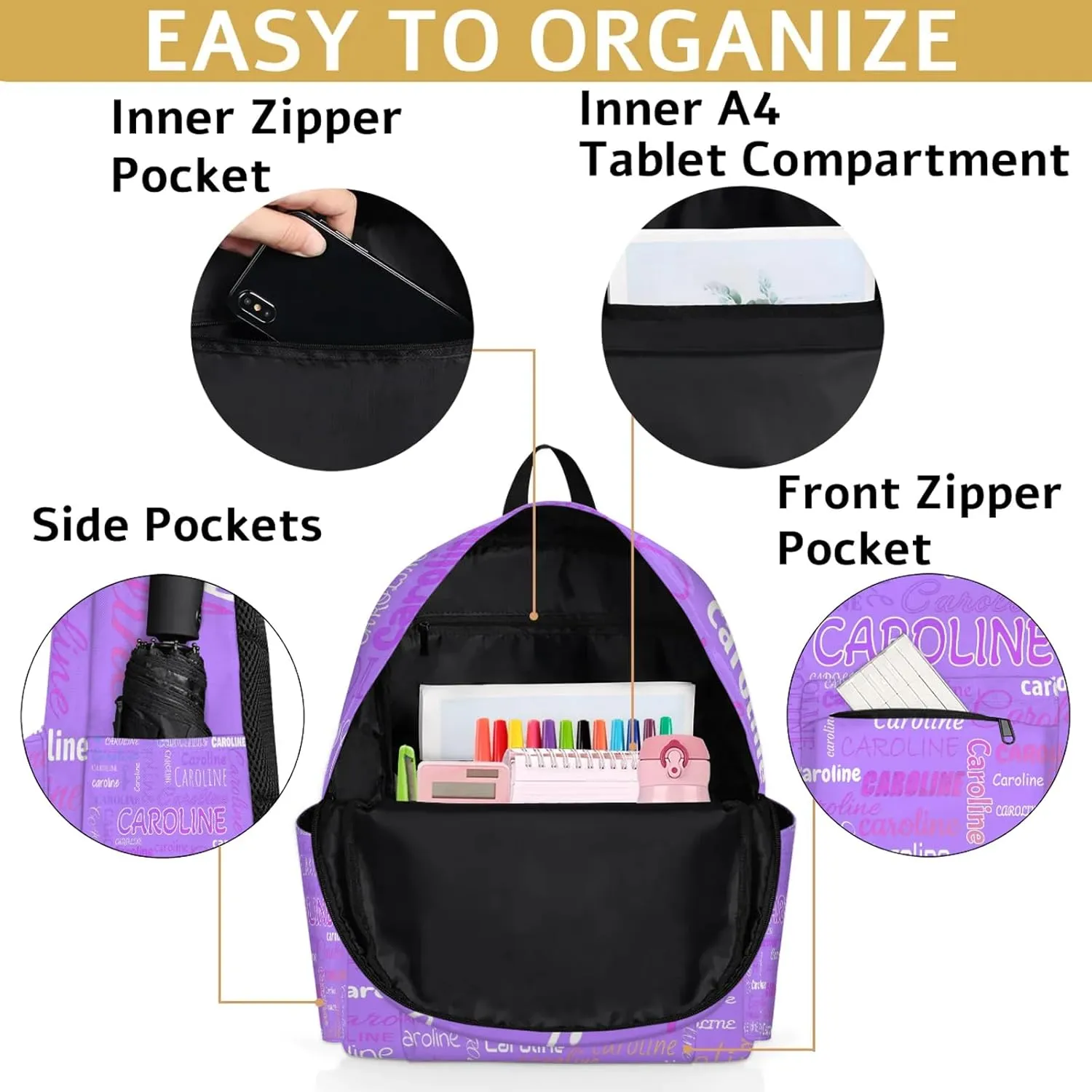 Personalized Backpack Bag with Name Lightweight Custom Shoulder Bags Waterproof Casual Backpacks Travel Laptop Bag 15.1in, Light Purple