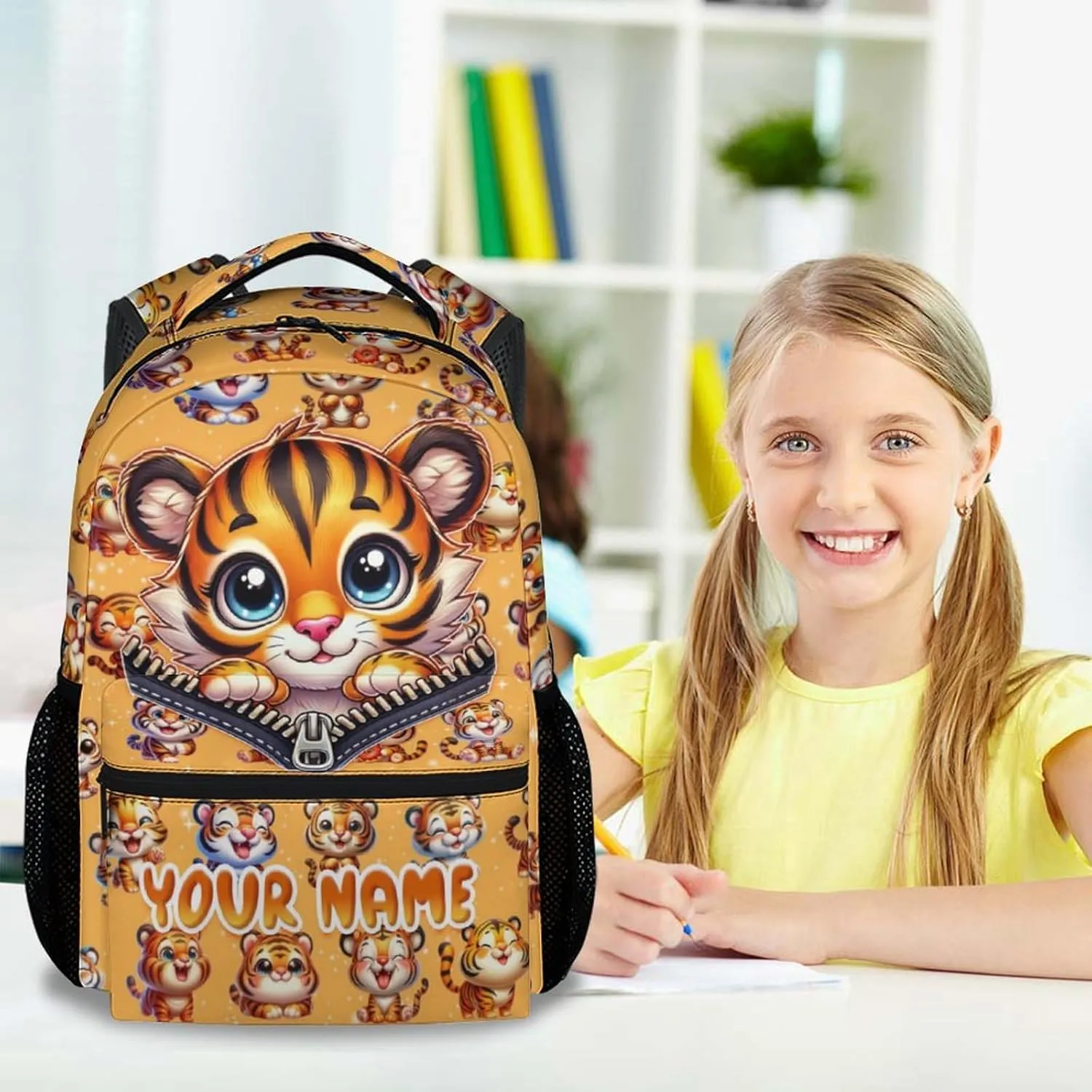 Personalized Backpack for Girls, 17 Inch Cute Kids School Backpacks for Tiger Lovers, Orange Large Capacity Bookbag for Kindergarten, Primary