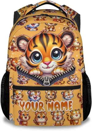 Personalized Backpack for Girls, 17 Inch Cute Kids School Backpacks for Tiger Lovers, Orange Large Capacity Bookbag for Kindergarten, Primary