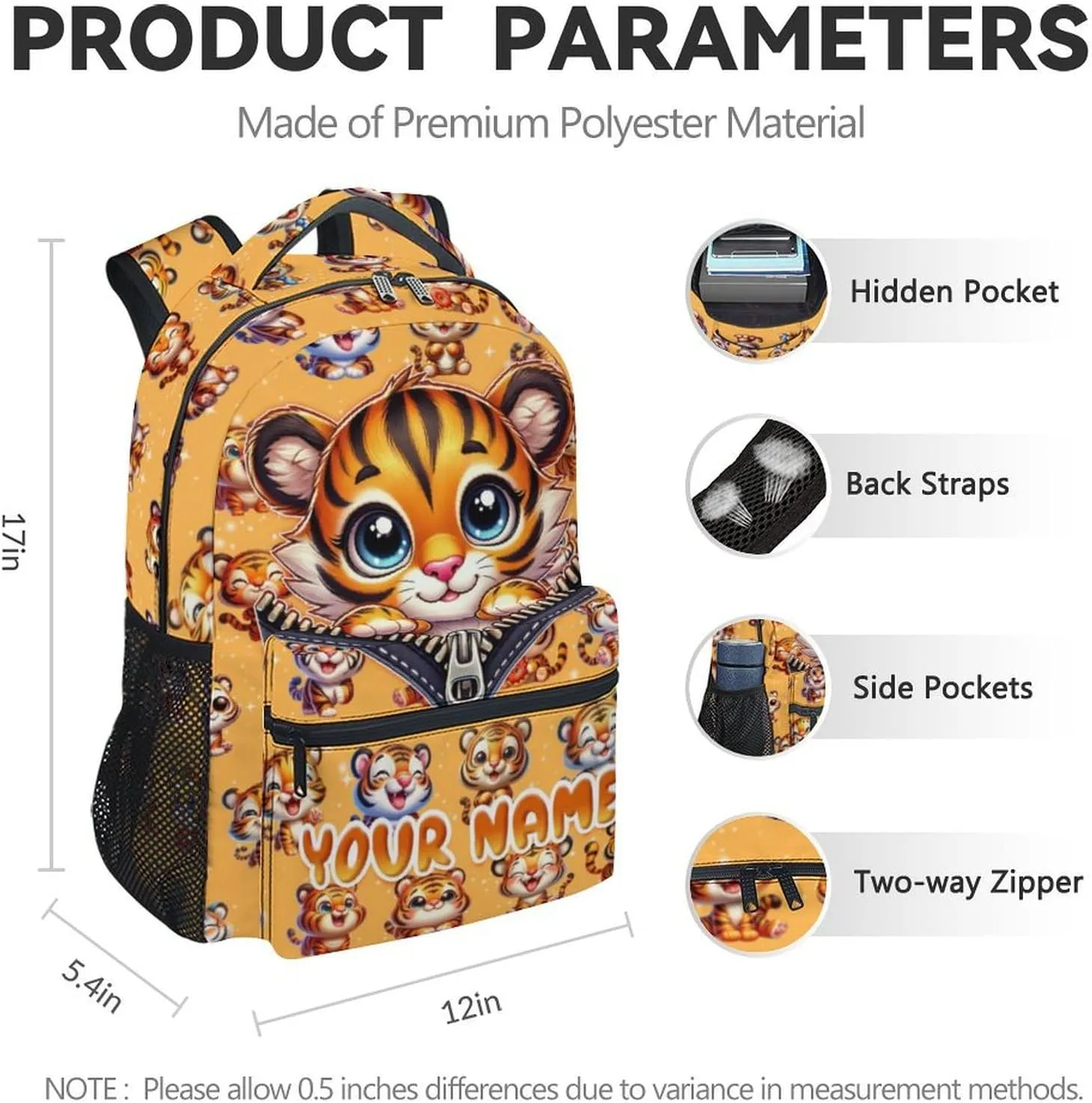 Personalized Backpack for Girls, 17 Inch Cute Kids School Backpacks for Tiger Lovers, Orange Large Capacity Bookbag for Kindergarten, Primary