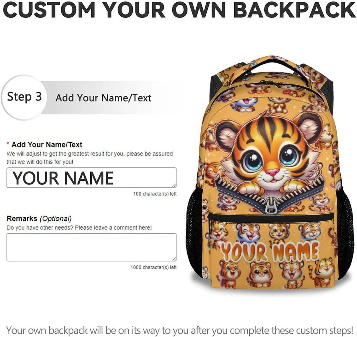 Personalized Backpack for Girls, 17 Inch Cute Kids School Backpacks for Tiger Lovers, Orange Large Capacity Bookbag for Kindergarten, Primary