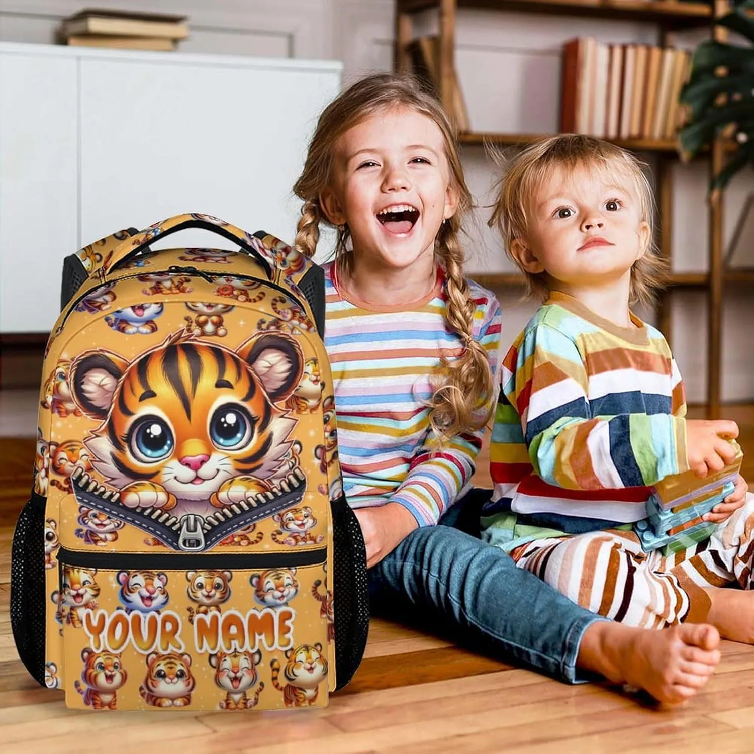 Personalized Backpack for Girls, 17 Inch Cute Kids School Backpacks for Tiger Lovers, Orange Large Capacity Bookbag for Kindergarten, Primary