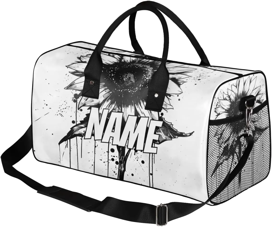 Personalized Black Sunflower Travel Duffel Bag with Name, Custom Gym Sport Bag Nature Retro Carry On Weekend Overnight Duffel Bag for Men Women