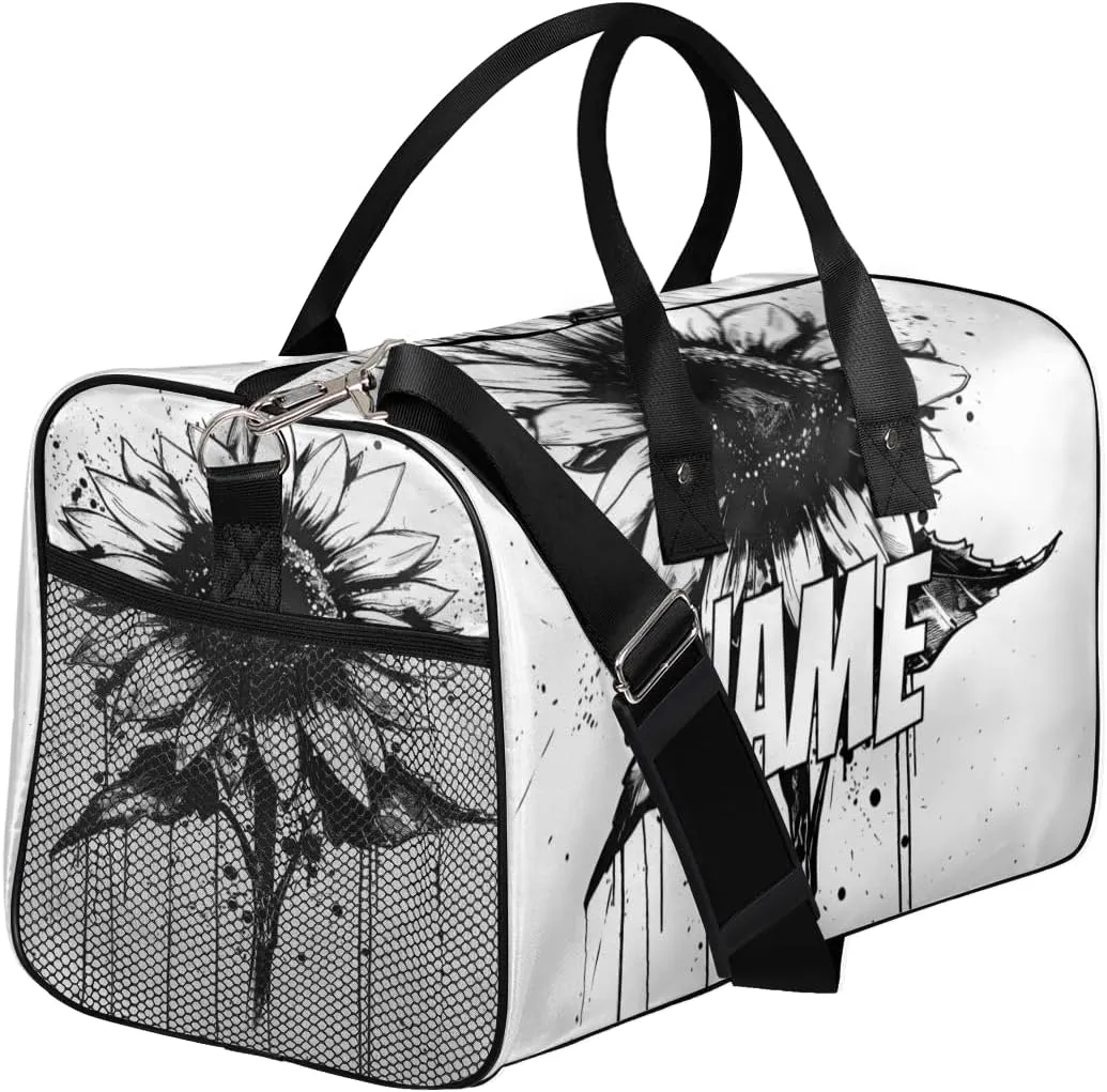 Personalized Black Sunflower Travel Duffel Bag with Name, Custom Gym Sport Bag Nature Retro Carry On Weekend Overnight Duffel Bag for Men Women