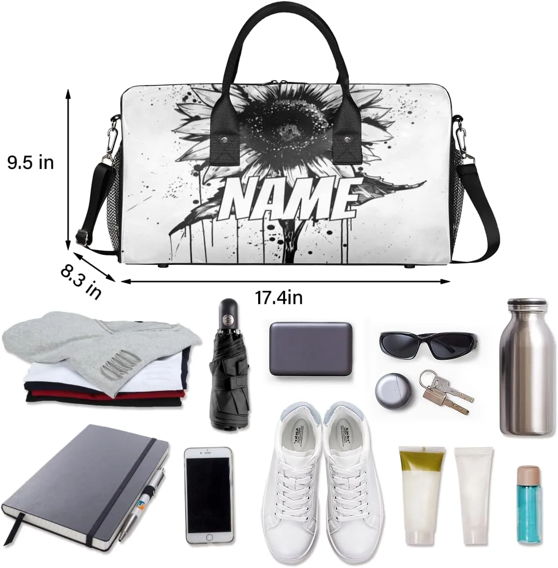 Personalized Black Sunflower Travel Duffel Bag with Name, Custom Gym Sport Bag Nature Retro Carry On Weekend Overnight Duffel Bag for Men Women