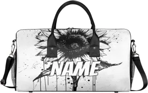 Personalized Black Sunflower Travel Duffel Bag with Name, Custom Gym Sport Bag Nature Retro Carry On Weekend Overnight Duffel Bag for Men Women