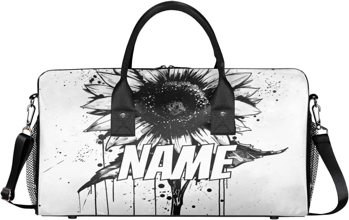 Personalized Black Sunflower Travel Duffel Bag with Name, Custom Gym Sport Bag Nature Retro Carry On Weekend Overnight Duffel Bag for Men Women