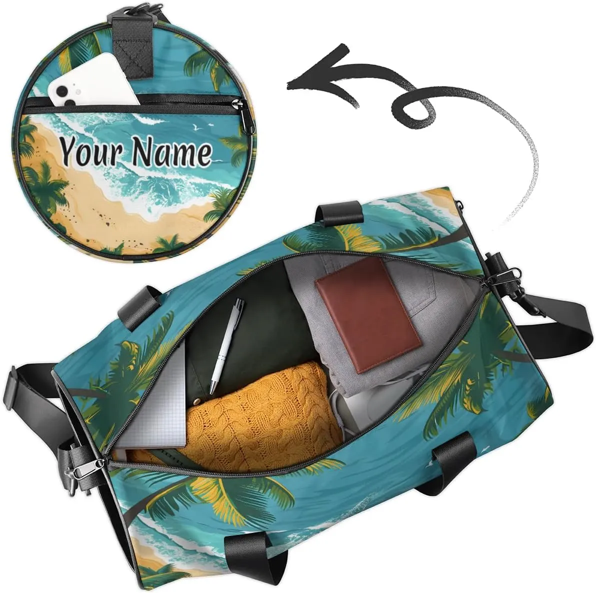 Personalized Duffel Bag for Women, Custom Ocean Beach Theme Gym Bag for Sports, Waterproof Dance Bag with Name, Lightweight Carryon Gym Bag, Tropical Palm Tree