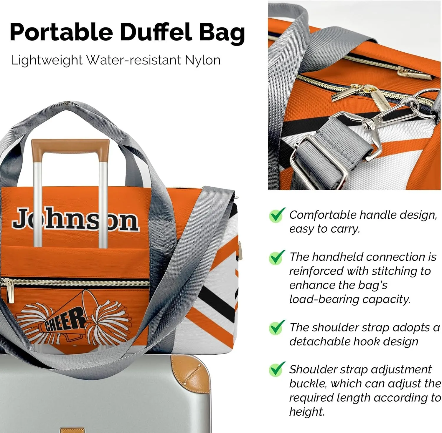 Personalized Duffel Bag Orange White Cheer Cheerleader Waterproof Sport Gym Travel Perform Training Bags with Name