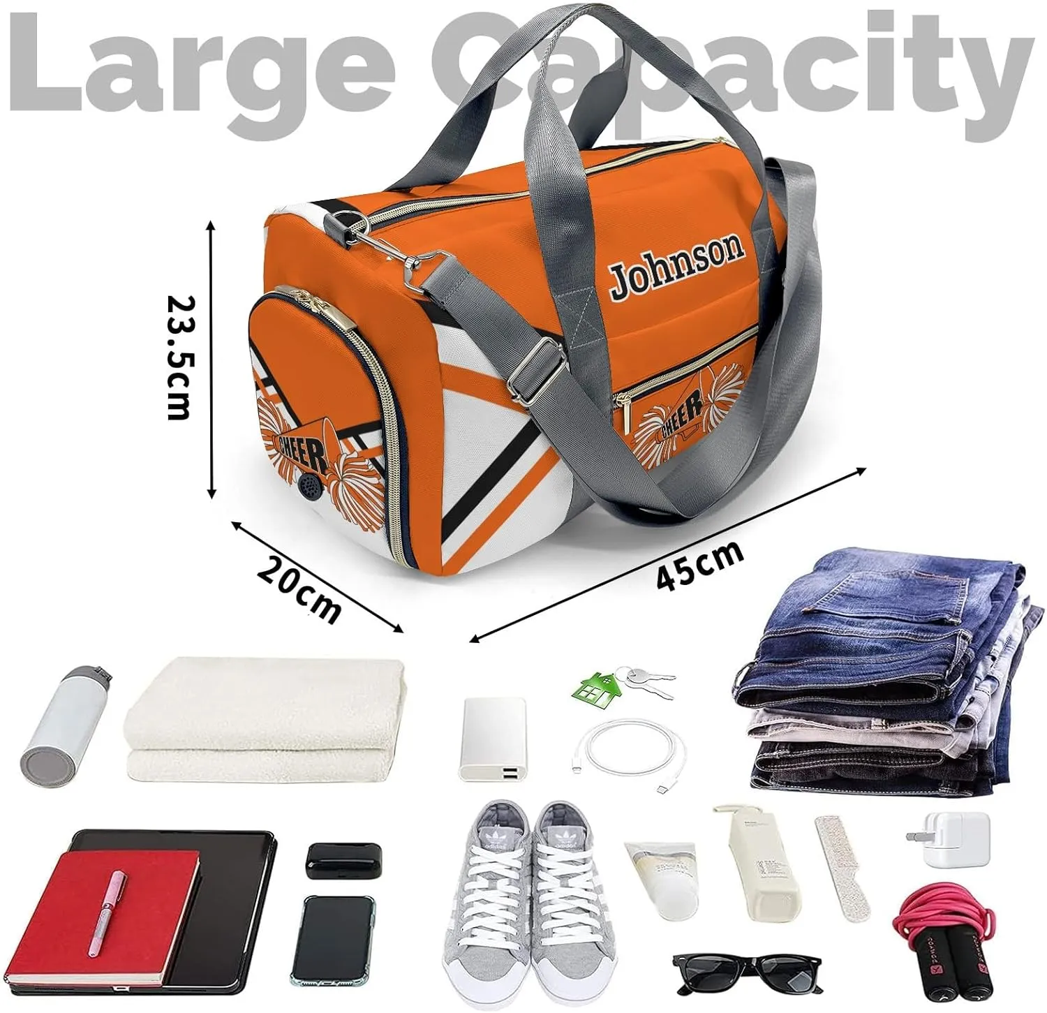 Personalized Duffel Bag Orange White Cheer Cheerleader Waterproof Sport Gym Travel Perform Training Bags with Name