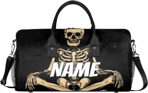 Personalized Gothic Skeleton Travel Duffel Bag with Name, Custom Gym Sport Bag Funny Skull Carry On Weekend Overnight Duffel Bag for Men Women