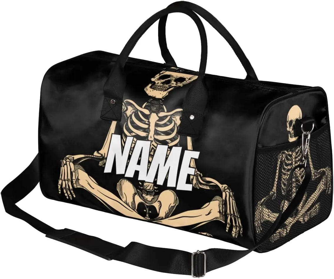 Personalized Gothic Skeleton Travel Duffel Bag with Name, Custom Gym Sport Bag Funny Skull Carry On Weekend Overnight Duffel Bag for Men Women