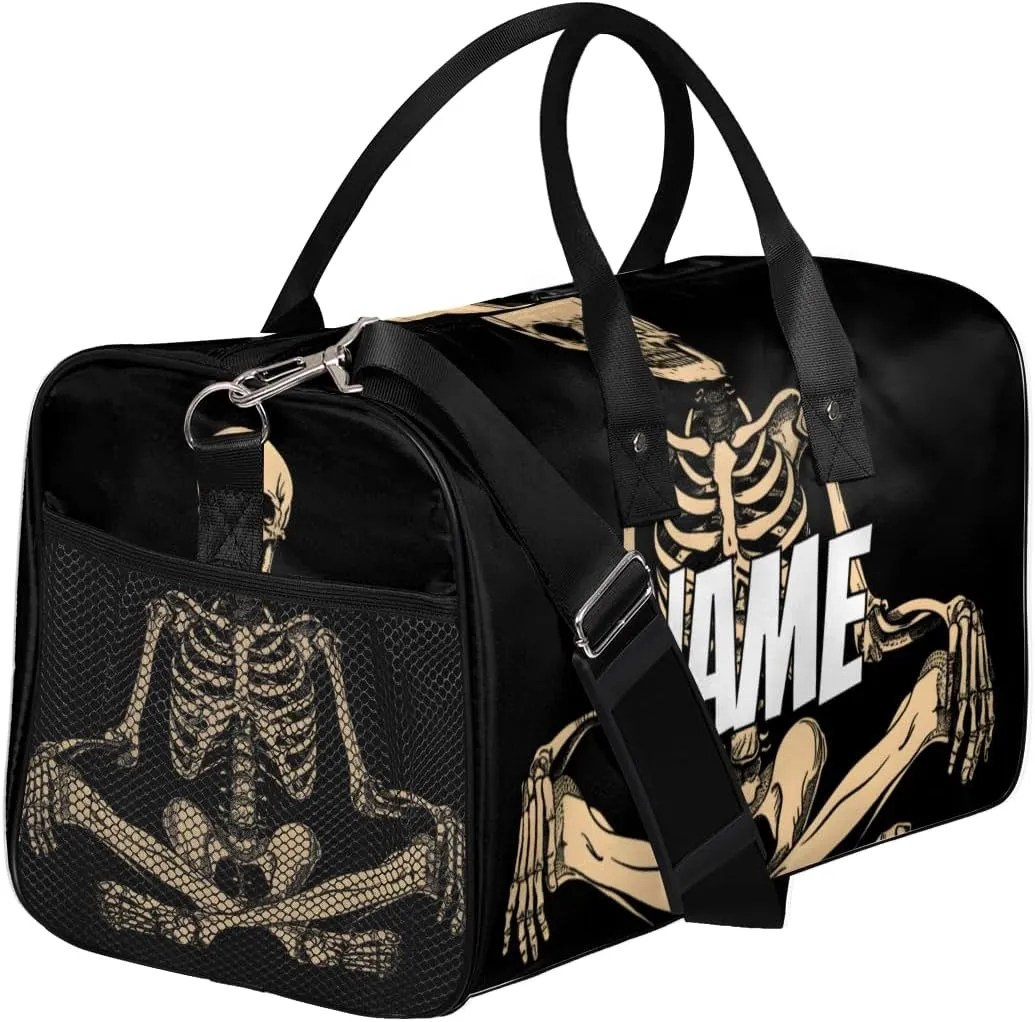 Personalized Gothic Skeleton Travel Duffel Bag with Name, Custom Gym Sport Bag Funny Skull Carry On Weekend Overnight Duffel Bag for Men Women