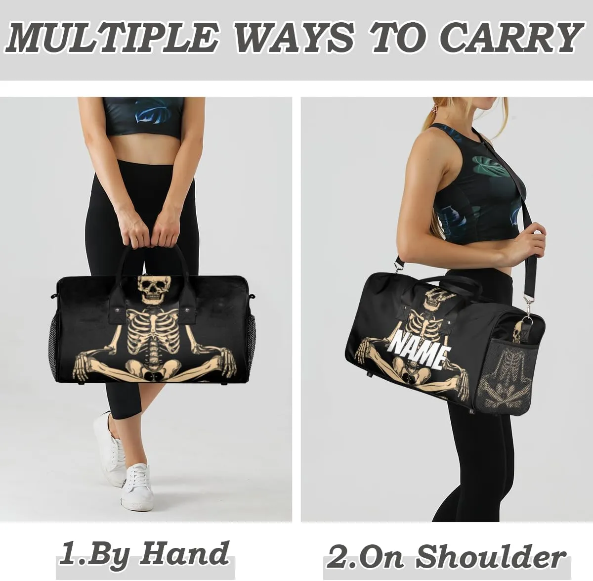 Personalized Gothic Skeleton Travel Duffel Bag with Name, Custom Gym Sport Bag Funny Skull Carry On Weekend Overnight Duffel Bag for Men Women